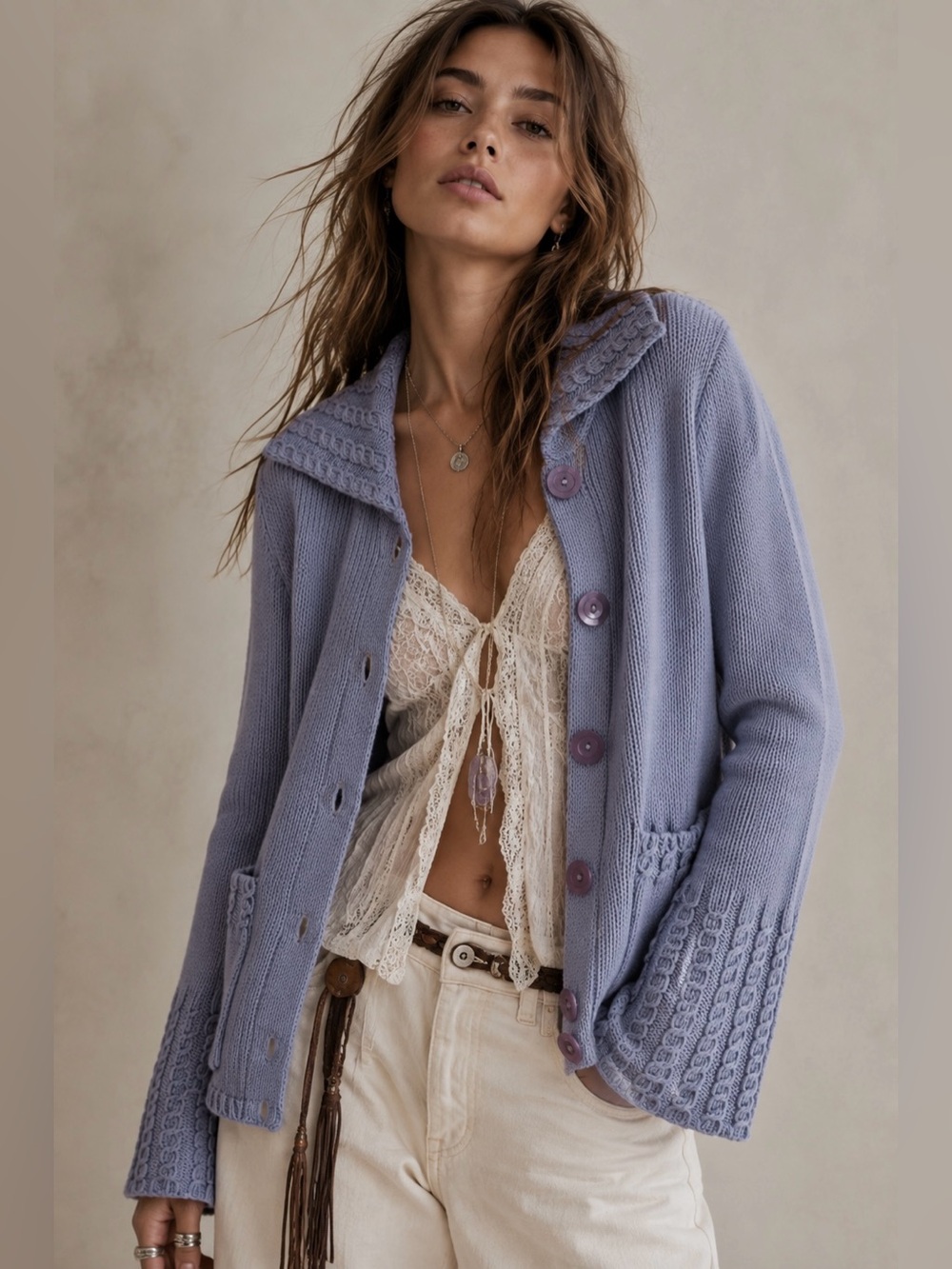 Talbots Petites Periwinkle Cable Knit Button Front Cardigan Sweater P